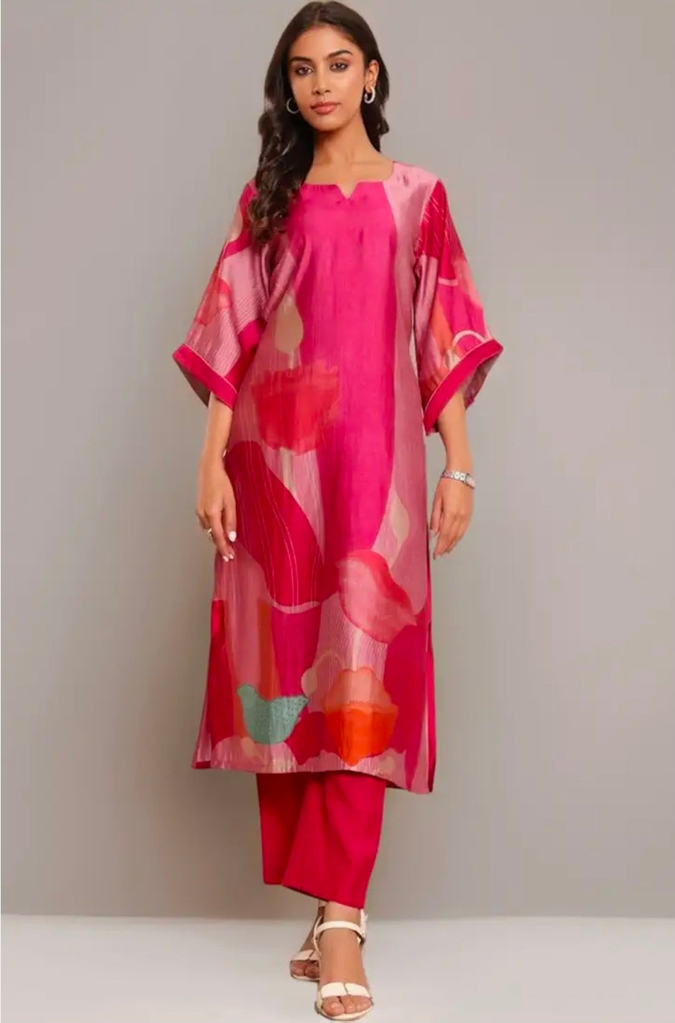MeeSri Women Chanderi Fuchsia Pink Straight Kurta