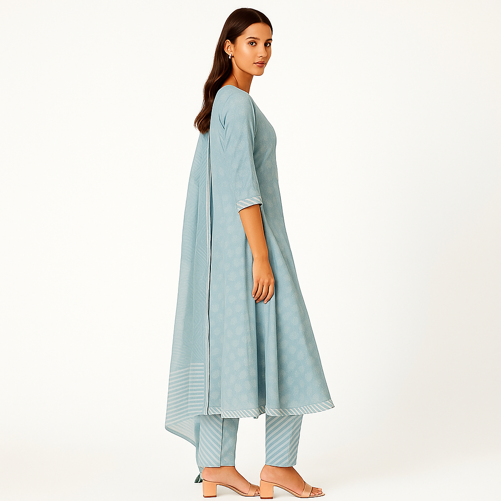 MeeSri Women Cotton Relaxed fit anarkali kurta set with pant and Dupatta