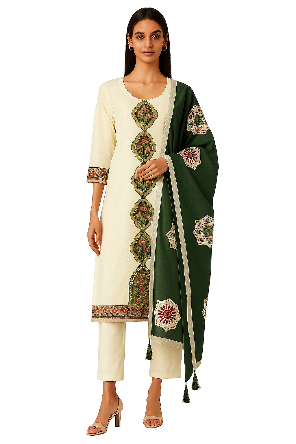 MeeSri Woman Thread Embroidered Straight Kurta and Pants Set with Dupatta