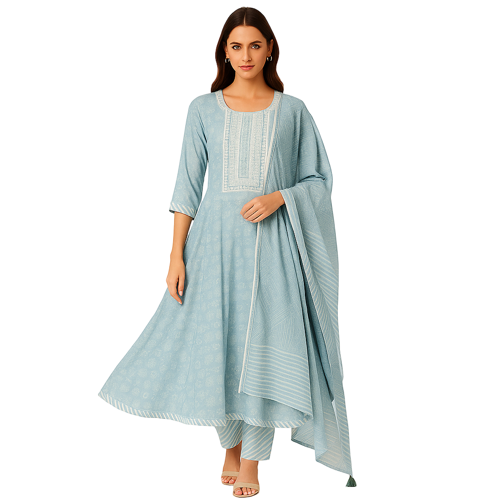 MeeSri Women Cotton Relaxed fit anarkali kurta set with pant and Dupatta